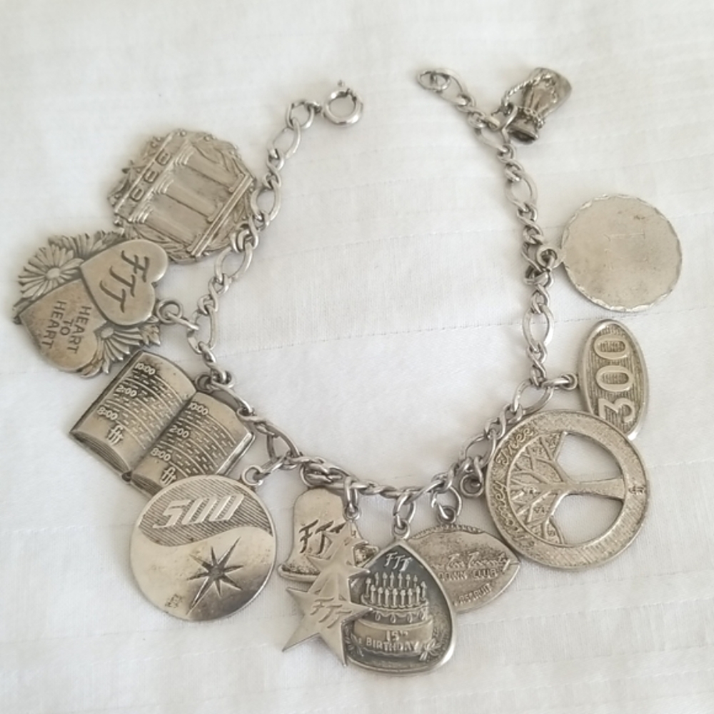 Vintage FJJ 1970s Sterling Charm Bracelet 12 Charms